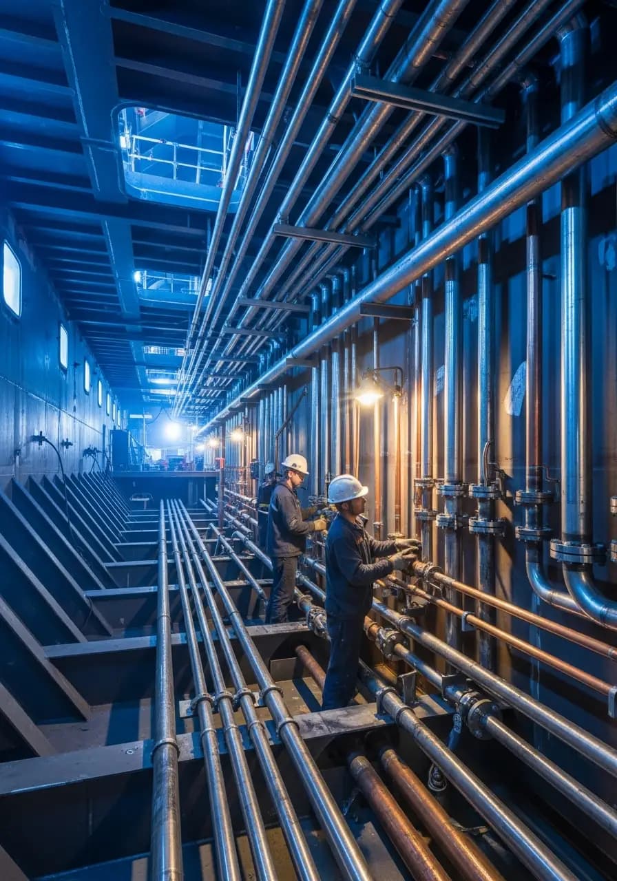 SC Marine työntekijät säätävät putkistoa teollisuusympäristössä